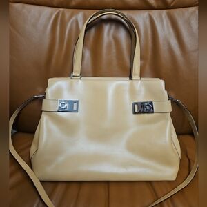 Salvatore Ferragamo Camel Leather Satchel Shoulder Bag Silver Hardware Zipper Cl